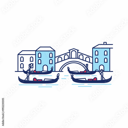 Venetian Gondolas Glide Under Historic Bridge.