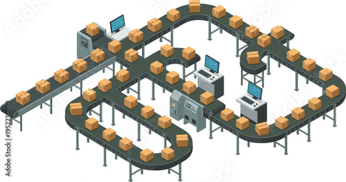 Automated packaging system, conveyor belts, warehouse logistics, cardboard boxes, sorting machines, scanning stations, supply chain automation, manufacturing facility, efficiency, monitoring