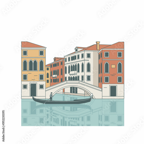 Venice Canal Gondola and Bridge Illustration.