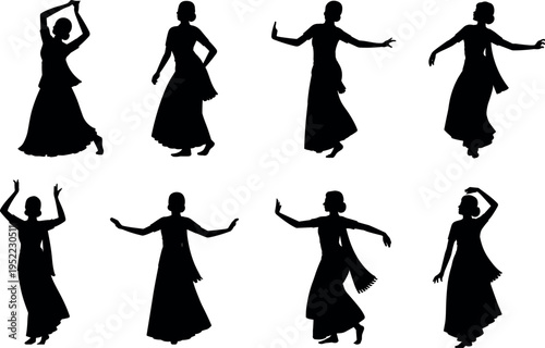 Elegant traditional dance silhouettes collection featuring graceful female dancers in expressive poses, cultural performance art isolated on white background, movement, rhythm, heritage inspiration