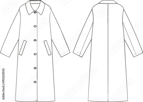 Long trench coat front and back view, technical fashion sketch, overcoat design template, cad drawing flat vector illustration, apparel design