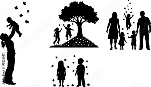 Family and children silhouettes set playing under tree throwing leaves parent lifting child happy childhood moments outdoor lifestyle vector illustration isolated on white background