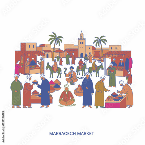 Vibrant Marrakech Market Scene with Diverse People and Goods.