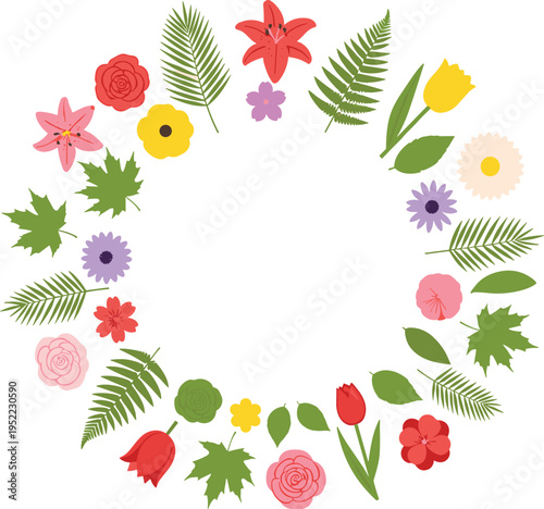 Colorful Floral Wreath Vector with Spring Flowers Ferns and Maple Leaves for Garden Party Invitations Nature Greeting Cards and Botanical DIY Stationery Designs