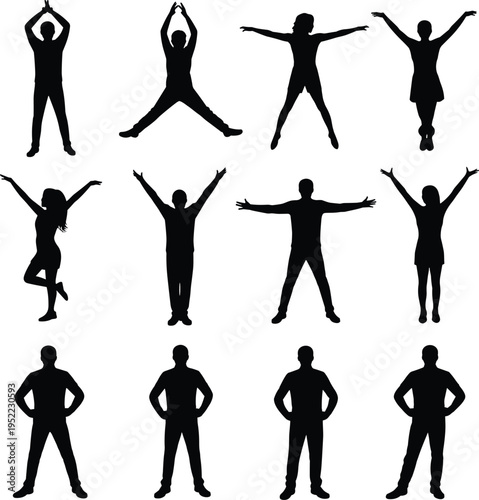Human posture silhouettes, standing poses vector, body language sketch, dynamic figure illustration, people outline art, design template, animation reference