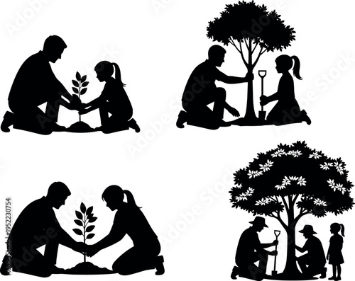 Family planting tree silhouette set showing parents and children gardening together environmental care growth nature activity vector illustration collection isolated on white background