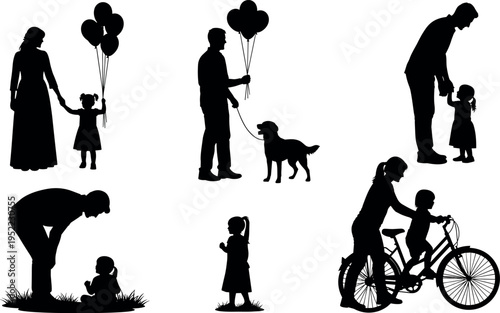 Family silhouette collection showing parents and children bonding moments, walking dog, holding balloons, teaching bicycle riding, caring interaction poses isolated black vector illustration set