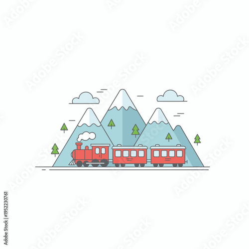 Vintage Red Train Traveling Through Snowy Mountains.