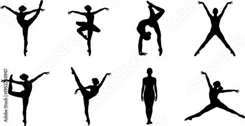 Gymnastics and ballet dancer silhouettes set with flexible female performers in dynamic poses artistic movement vector illustration collection isolated on white background