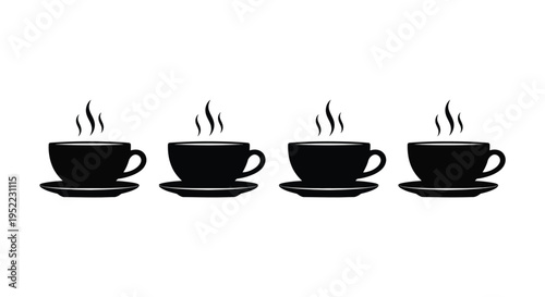 Simple black and white vector graphic illustration showcasing four steaming coffee cups with saucers arranged horizontally