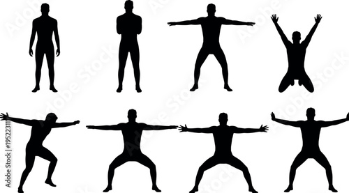 Male fitness silhouette collection showing full body exercise poses, strength training movements, stretching and workout positions isolated on white background, active lifestyle concept