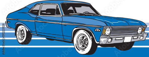 Vintage Blue Muscle Car Illustration on Striped Background
