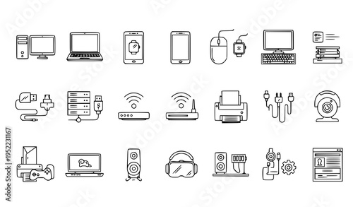Technology Device Thin Line Icons Collection with Computer Laptop Phone Tablet and UI Symbols Vector
