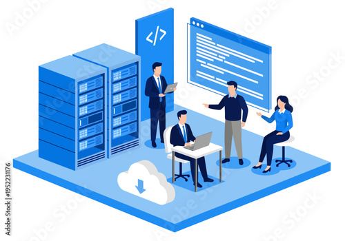 Four IT professionals collaborate in a modern digital workspace featuring sturdy blue server racks, a floating programming interface, and a fluffy cloud icon symbolizing secure data storage solutions
