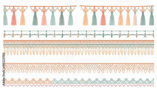Cartoon Seamless Fringe Borders Set, Colorful Tassel Garlands, Textile Fabric Trim Decoration, Flat Sewing Accessories Vector