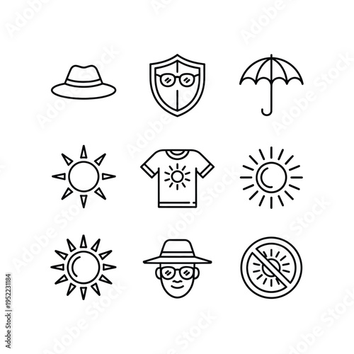Sun protection icons set with hat, umbrella, and sunscreen symbols