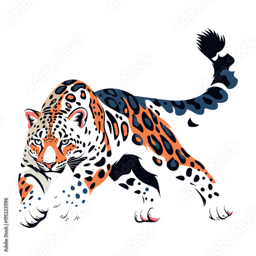 Vibrant Orange and Black Spotted Snow Leopard in Dynamic Crouching Position with Bold Spots and Stylized Fur Texture on white background