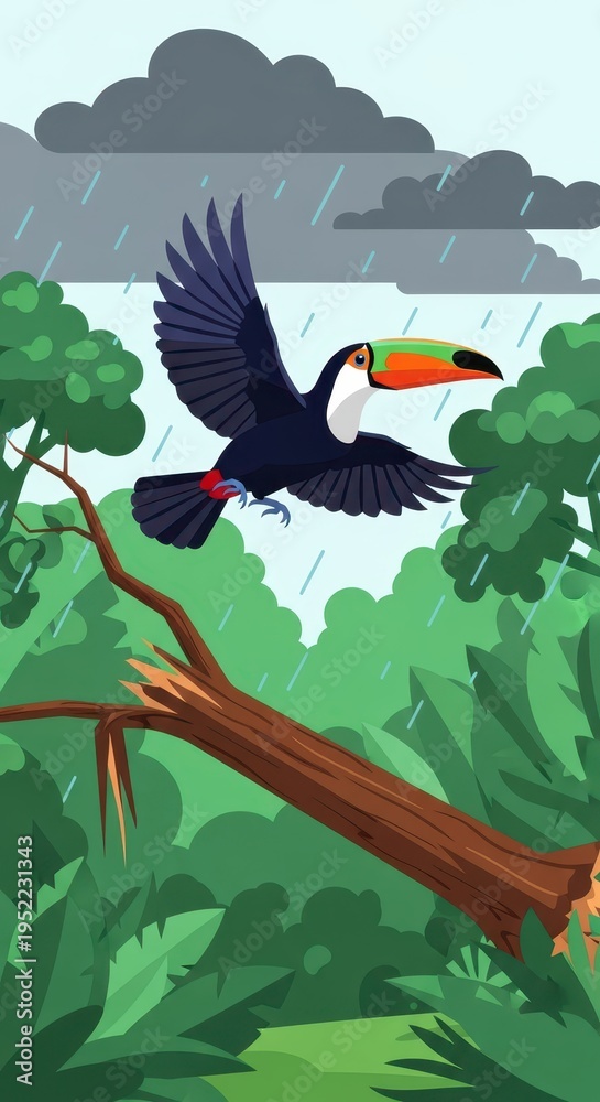 Naklejka premium Tropical bird flies over dense foliage during a heavy downpour under dark storm clouds