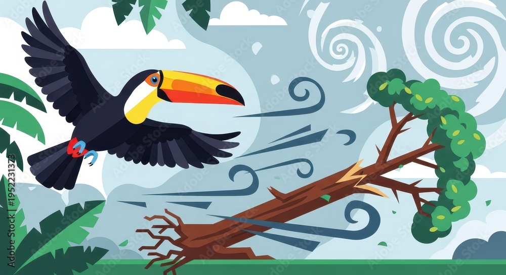 Fototapeta premium Vibrant tropical bird flies past a snapped tree during turbulent weather conditions