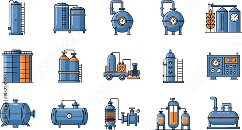 Industrial equipment icons, storage tanks, pressure vessels, distillation columns, reactors, control panels, chemical engineering, mechanical design, blue orange vector illustration