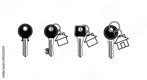 Vector graphic illustration depicting four different types of keys with house-shaped keychains in sequence