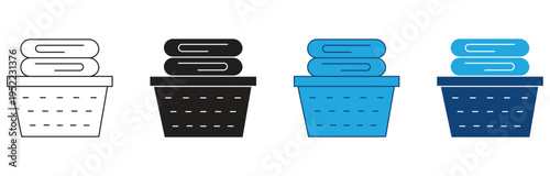Laundry Basket icon set. Laundry basket overflowing with clothes symbol on white background . Vector illustration.