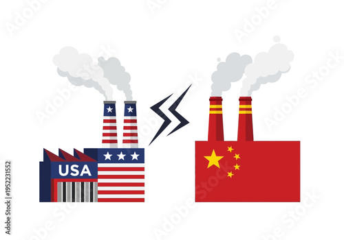 US and China industrial manufacturing trade war conflict illustration