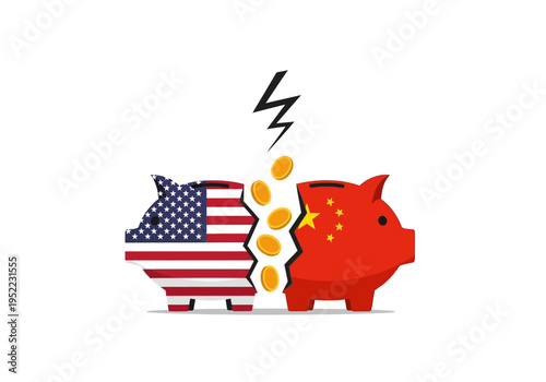 USA and China piggy banks break apart as coins fall out, symbolizing economic conflict and trade war