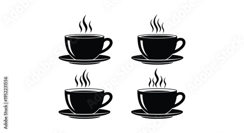 Elegant black silhouette vector graphic illustration featuring a collection of four steaming hot coffee cups with saucers.