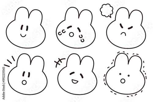 シンプルな黒線画のうさぎの表情イラストセット