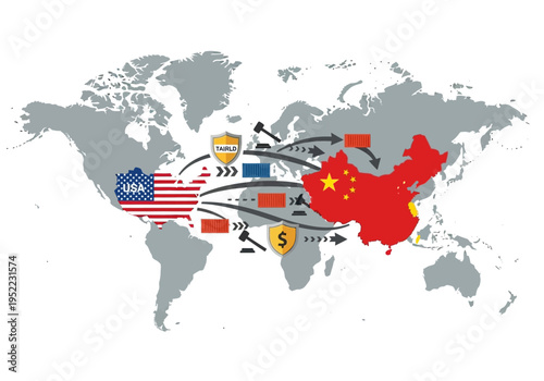 Global trade relations and economic challenges between the United States and China illustrated on a world map