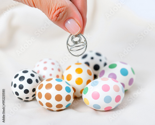 Hand holding a metal coil spring above a cluster of white eggs decorated with colorful polka dots on a draped fabric background