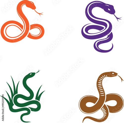 Colorful snake vector illustration set featuring stylized serpents, modern reptile designs, vibrant animal icons isolated on clean minimal background