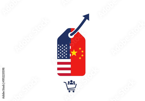USA China trade relations represented by flags on a price tag with shopping cart and upward arrow