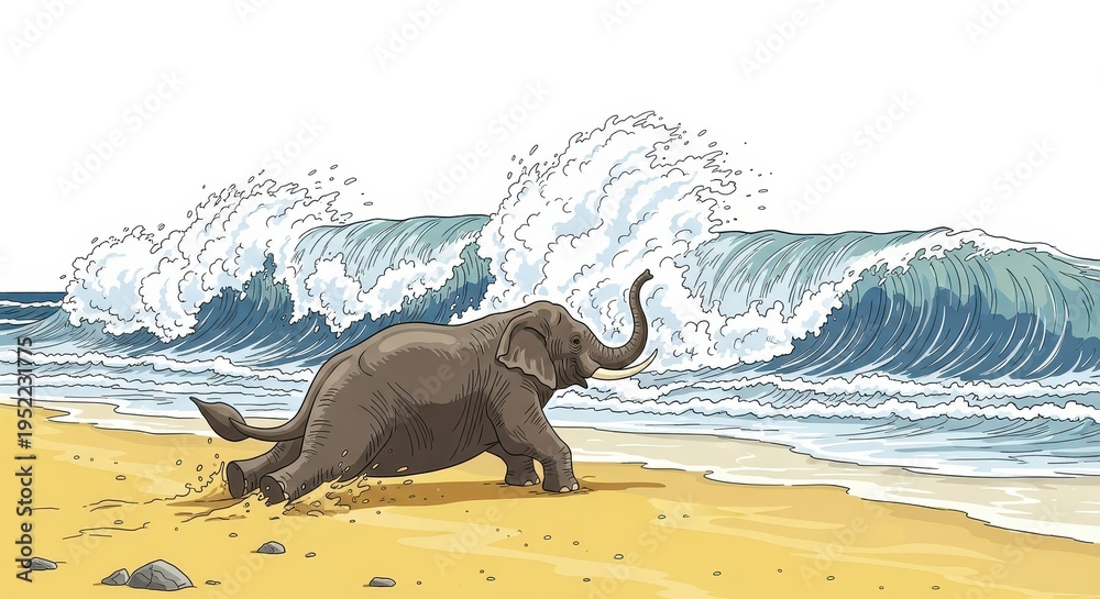 Fototapeta premium Large animal runs frantically along a sandy shore as tall ocean waves crash nearby