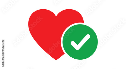Vector graphic illustration of a vibrant red heart icon combined with a green checkmark for positive feedback.