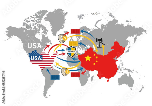 Global trade relations between the United States and China, economic and political implications illustrated on a world map