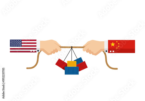 USA vs China trade war tug of war over shipping containers illustration