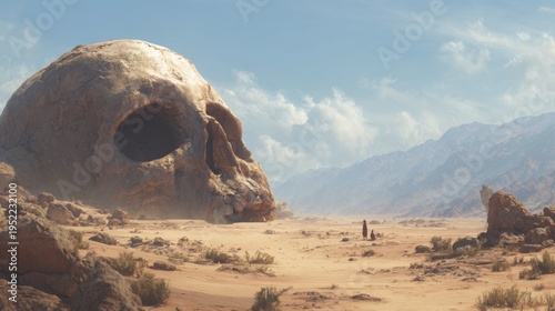 Fantasy desert landscape with giant skull rock formation and distant travelers epic surreal scene