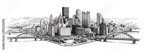 Pittsburgh Skyline Vector, Formal Isometric Line Art Drawing of Cityscape with Point State Park Fountain and Multiple Bridges. Black and White Architectural Sketch on White Background.