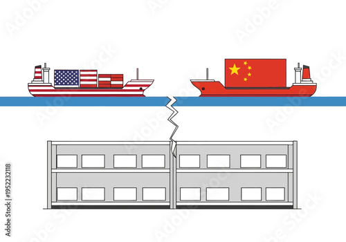 Global Trade Imbalance US Container Ship Facing Chinese Cargo Ship Over Cracked Trade Route