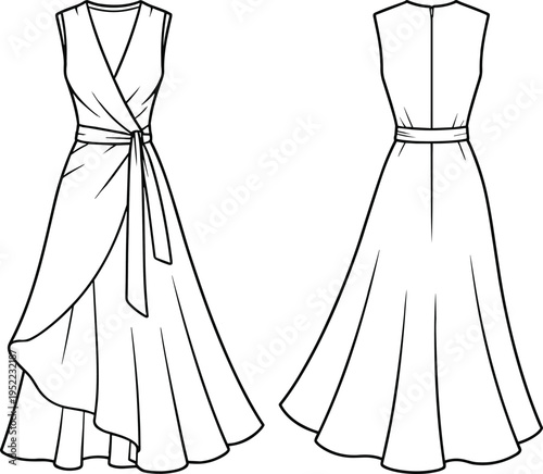 Elegant sleeveless wrap maxi dress technical flat with tie waist, layered skirt drape, clean back view and detailed CAD illustration