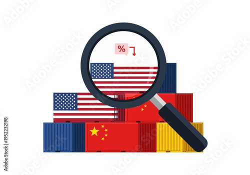 Magnifying Glass Over Shipping Containers Marked with US and Chinese Flags, Illustrating Trade Imbalance and Economic Impact