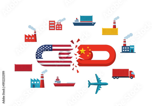 US and China Trade Relations Broken Chain Symbolizing Economic Disruption and Global Impact