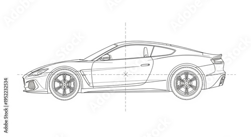 Sports Car Blueprint Side View Outline Drawing.
