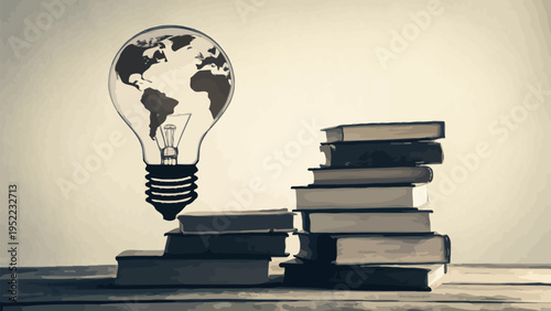A vector graphic illustration of a lightbulb with a globe inside, sitting on a stack of books next to another stack of books.