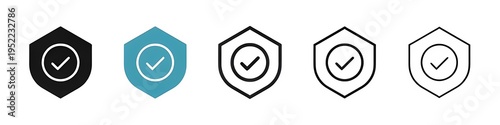 Shield Check Vector Icon Set. Safety or Protect Guard Line Icon. Privacy Checkmark Icon. Defence Guarantee Icon for UI designs. Thin line customizable illustration. Contour symbol. Editable stroke 