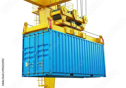 Blue shipping container being lifted by yellow industrial crane, heavy cargo logistics, isolated on transparent background, for global trade concept