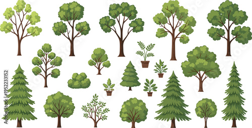 Large Vector Collection of Individual Deciduous and Coniferous Trees Featuring Pine Spruce Oak and Various Potted Houseplants for Nature and Landscape Design