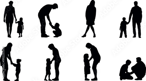 Parent and child silhouette collection showing caring interaction, holding hands, guidance and support poses isolated on light background, family relationship themed black vector illustration